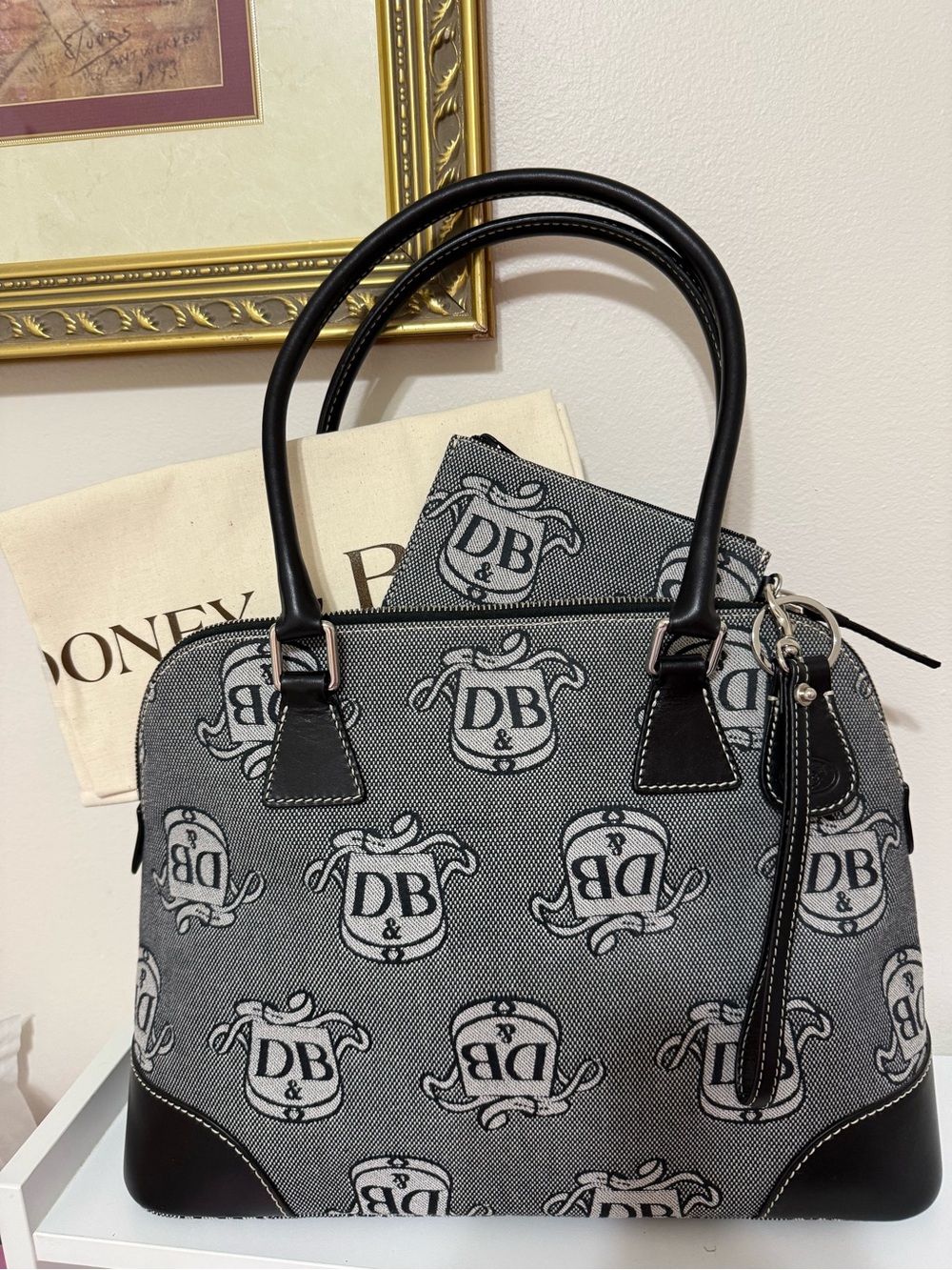 Dooney & Bourke Black and Gray DB Logo Satchel
